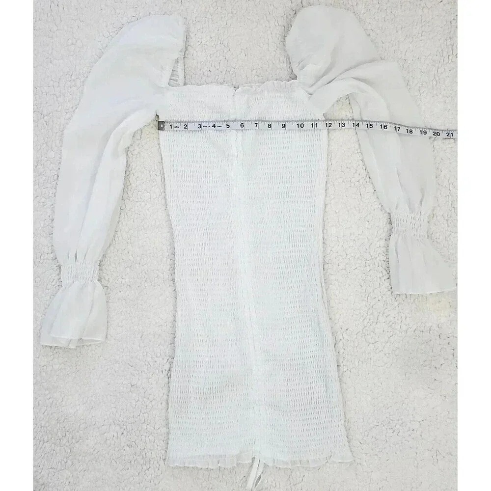 Princess Polly White Smocked Mini Dress Long Sheer Sleeve Ruched Bodycon XS S - Picture 4 of 11